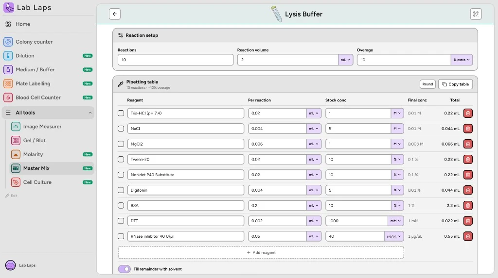 Lab Laps master mix calculator with reagent volumes and pipetting totals