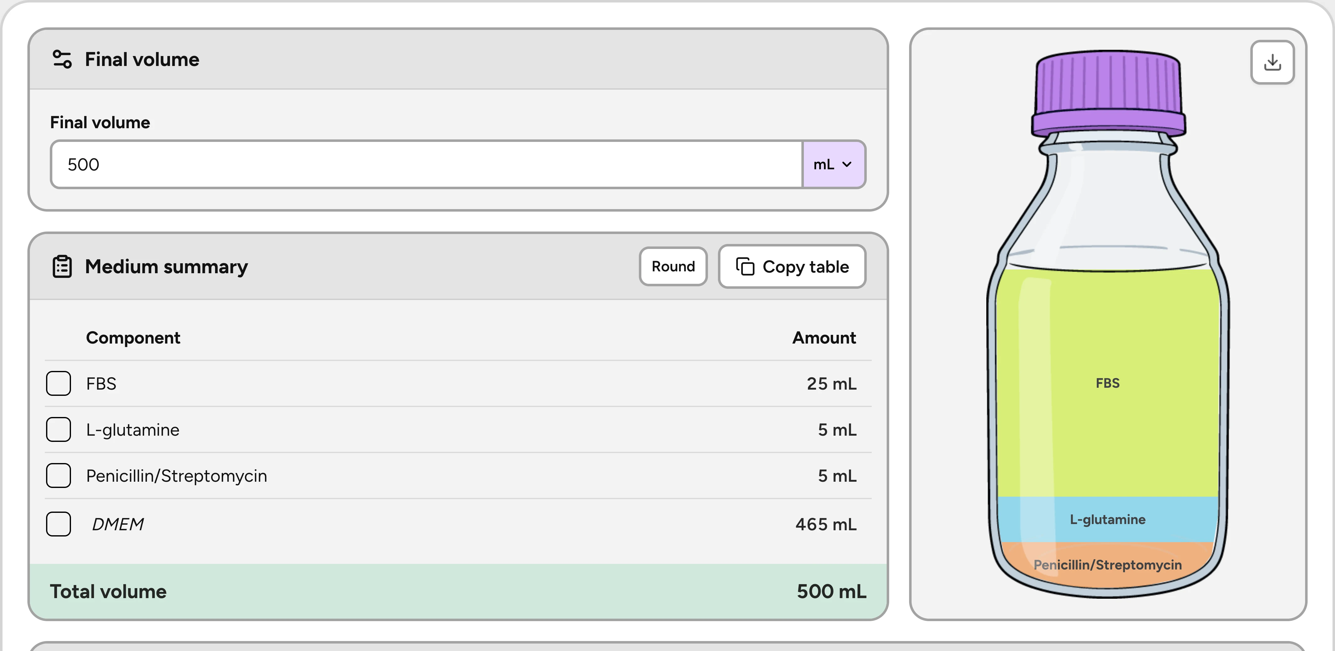 Lab Laps buffer calculator with stock volumes, powder weigh-outs, and solvent