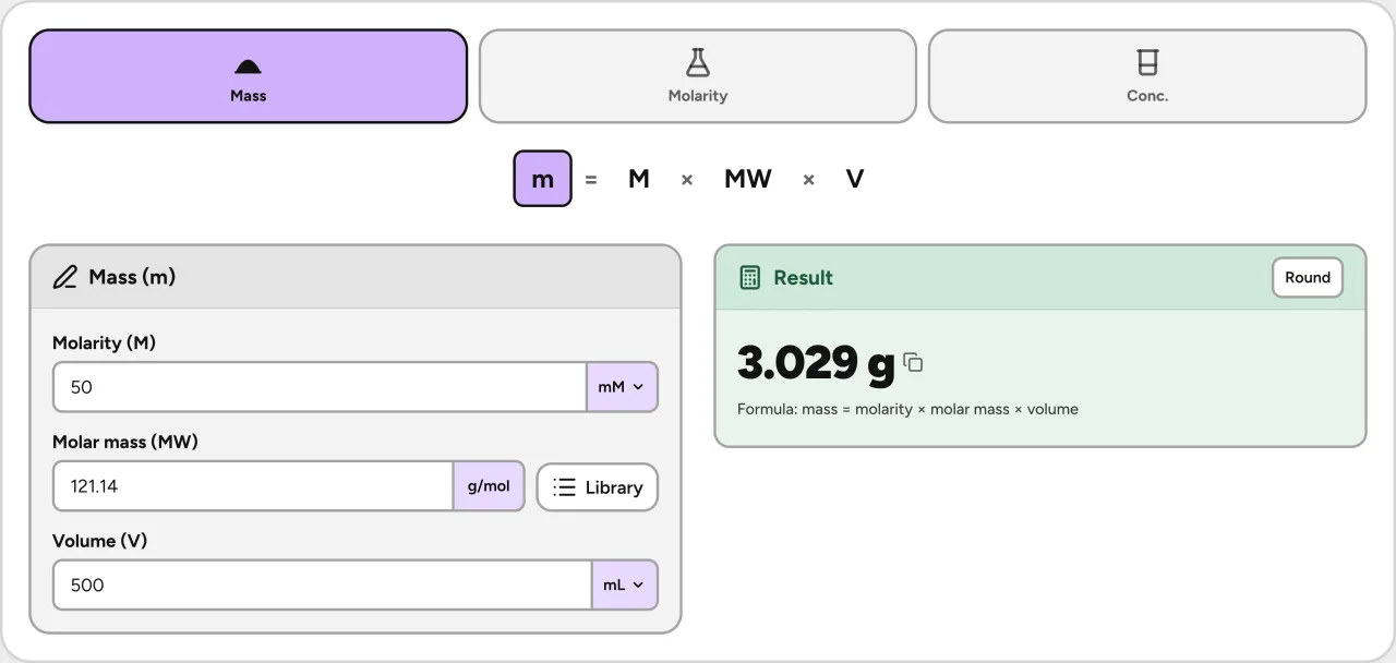 Lab Laps molarity calculator solving mass from molarity, volume, and molecular weight