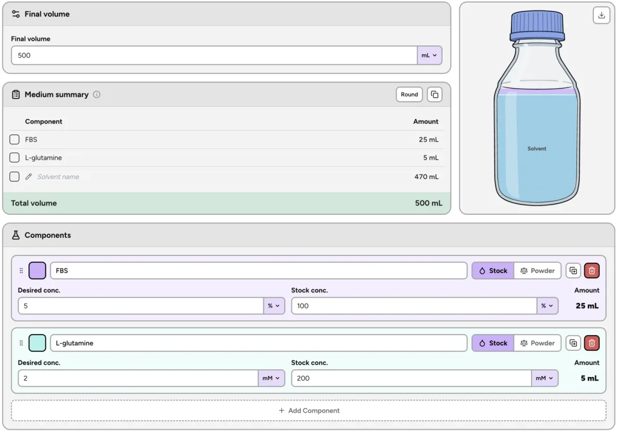 Lab Laps buffer calculator with stock volumes, powder weigh-outs, and solvent
