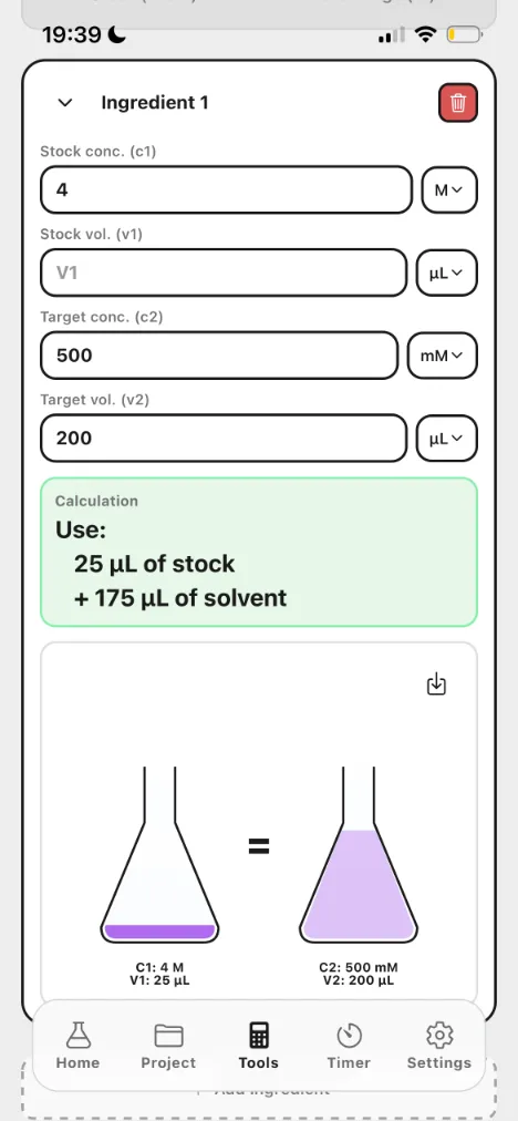 Lab Laps dilution workflow screen